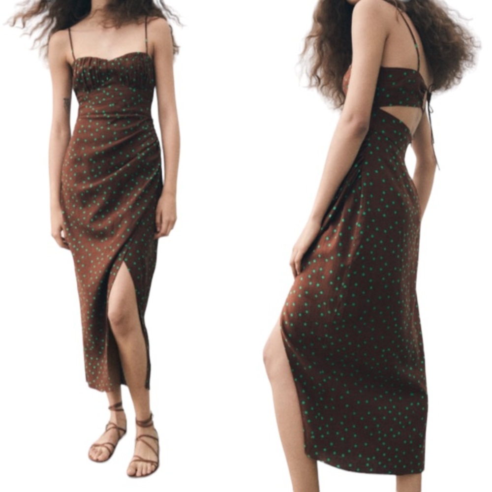 ZARA brown green polka dot corset spaghetti strap linen midi dress size XS